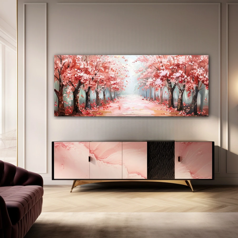 Wall Art titled: Spring Perfume in a Elongated format with: Grey, Red, and Pink Colors; Decoration the Sideboard wall