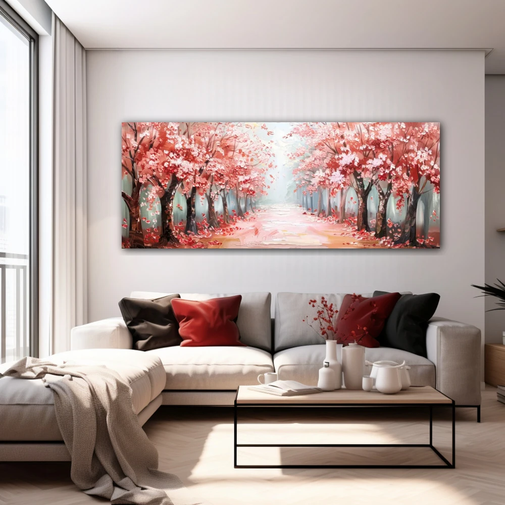 Wall Art titled: Spring Perfume in a Elongated format with: Grey, Red, and Pink Colors; Decoration the White Wall wall