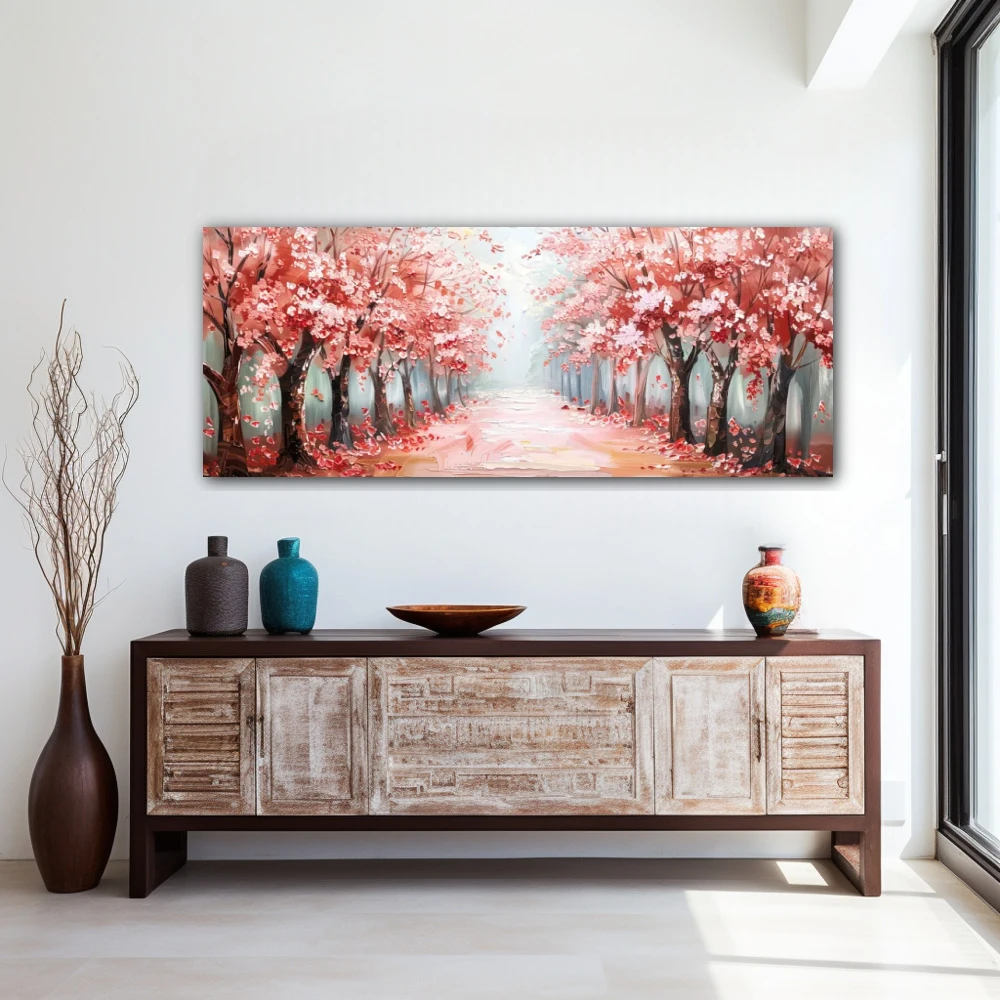 Wall Art titled: Spring Perfume in a Elongated format with: Grey, Red, and Pink Colors; Decoration the Entryway wall