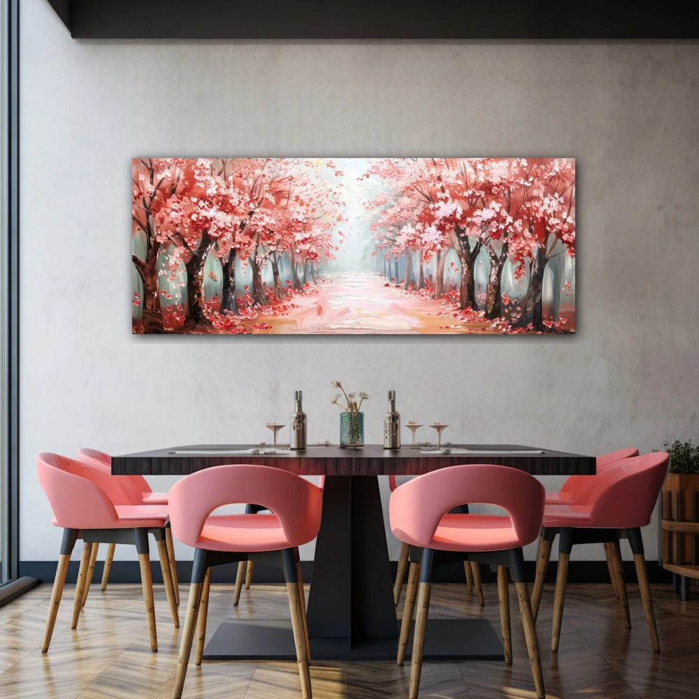 Wall Art titled: Spring Perfume in a Elongated format with: Grey, Red, and Pink Colors; Decoration the Restaurant wall