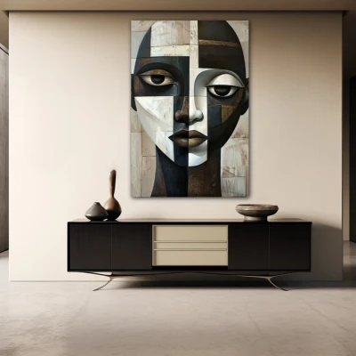 Wall Art titled: Dissociated Harmony in a  format with: white, Brown, and Beige Colors; Decoration the Sideboard wall