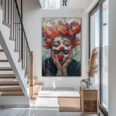 Wall Art titled: Emotional Dichotomy in a  format with: Blue, Grey, and Red Colors; Decoration the Staircase wall