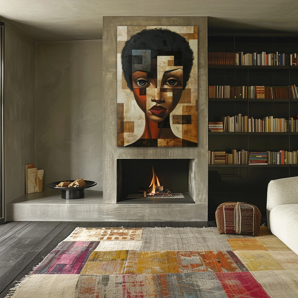 Wall Art titled: Fragmented Essence in a Vertical format with: Brown, and Beige Colors; Decoration the Fireplace wall