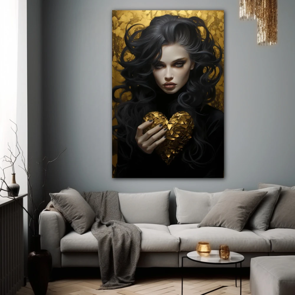 Cuadro sombra dorada del alma en formato vertical con colores dorado, negro; decorando pared gris