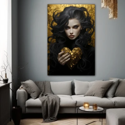 Cuadro sombra dorada del alma en formato vertical con colores dorado, negro; decorando pared gris