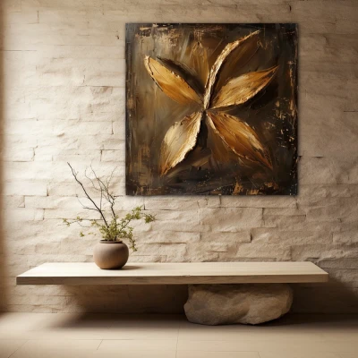 Cuadro danza floral en formato cuadrado con colores dorado, marrón; decorando pared piedra