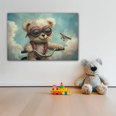 Cuadro Vuelo de Ensueño Infantil en formato horizontal con colores Celeste, Gris; Decorando Pared blanca Cuadro Vuelo de Ensueño Infantil en formato horizontal con colores Celeste, Gris; Decorando Pared blanca