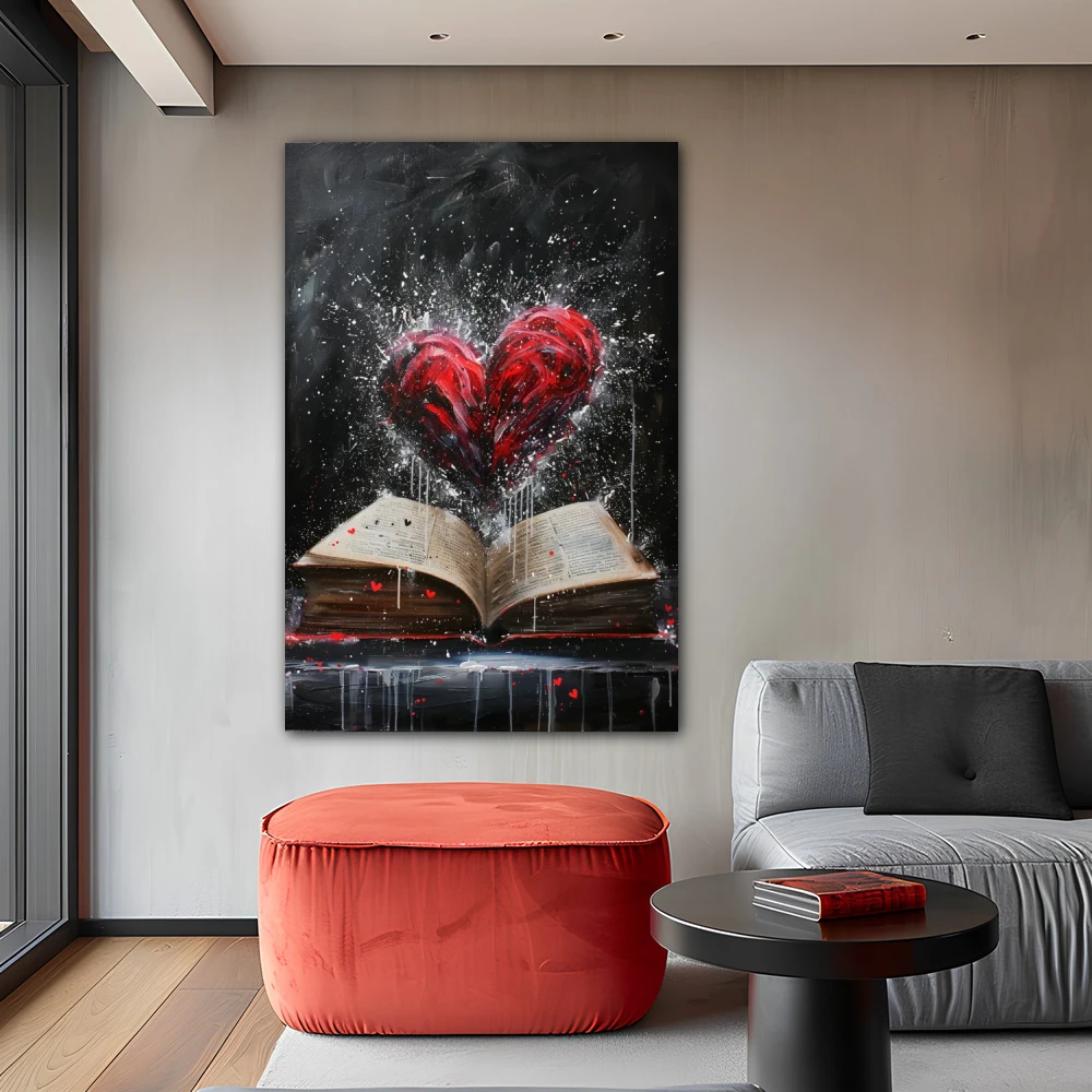 Cuadro latidos literarios en formato vertical con colores gris, negro, rojo; decorando pared gris