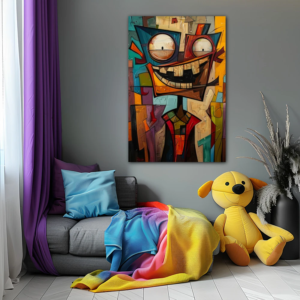 Wall Art titled: Fragments of Joy in a Vertical format with: Blue, and Brown Colors; Decoration the Grey Walls wall