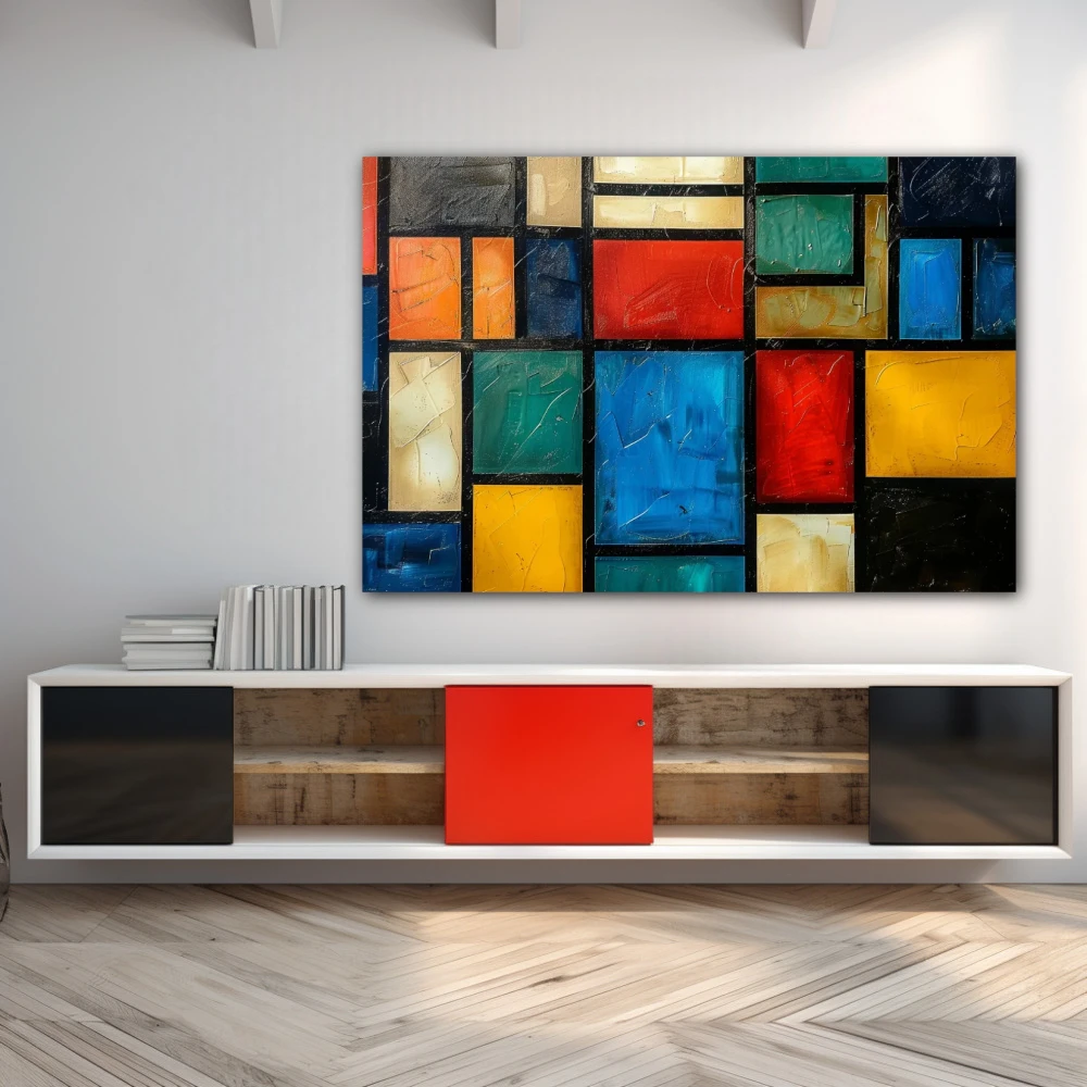 Wall Art titled: Geometry of the Senses in a Horizontal format with: Blue, Orange, Red, and Vivid Colors; Decoration the Sideboard wall