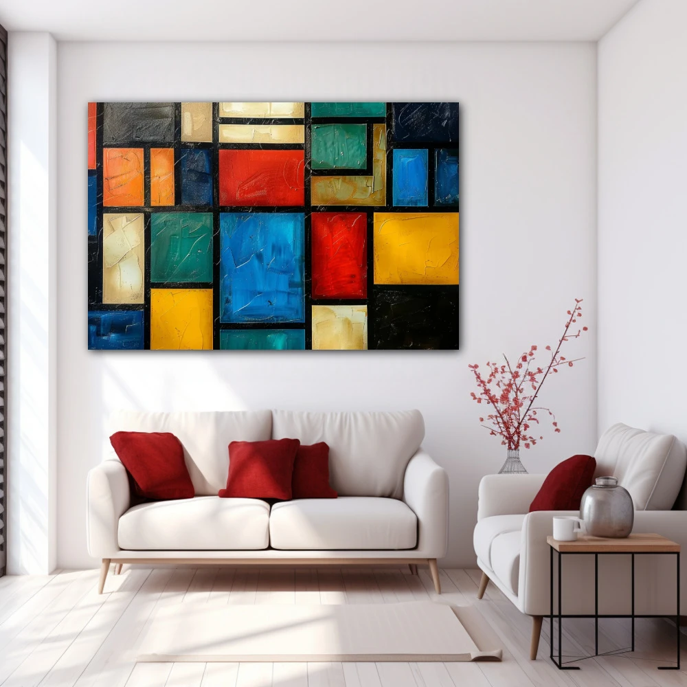 Cuadro geometría de los sentidos en formato horizontal con colores azul, naranja, rojo, vivos; decorando pared blanca