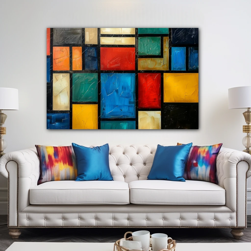 Wall Art titled: Geometry of the Senses in a Horizontal format with: Blue, Orange, Red, and Vivid Colors; Decoration the Above Couch wall