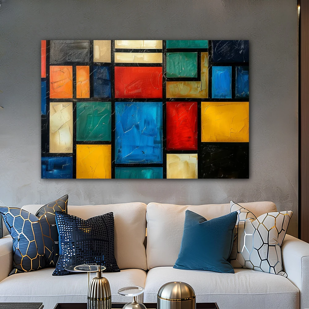 Cuadro geometría de los sentidos en formato horizontal con colores azul, naranja, rojo, vivos; decorando pared gris Cuadro geometría de los sentidos en formato horizontal con colores azul, naranja, rojo, vivos; decorando pared gris