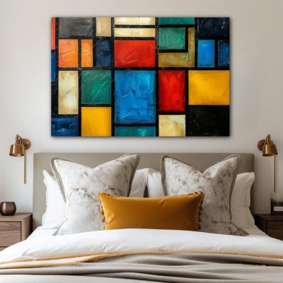 Wall Art titled: Geometry of the Senses in a Horizontal format with: Blue, Orange, Red, and Vivid Colors; Decoration the Bedroom wall