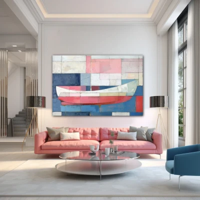 Cuadro navegante geométrico en formato horizontal con colores azul, blanco, pastel; decorando pared de encima del sofá