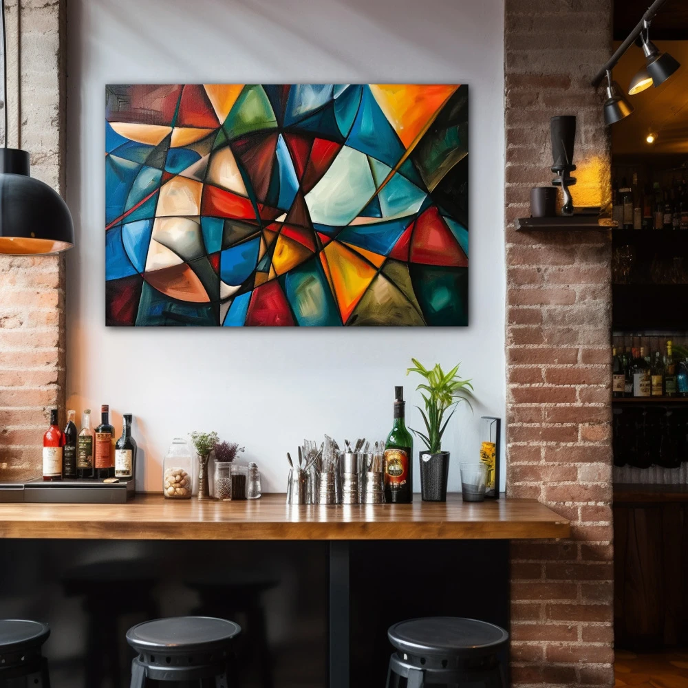 Wall Art titled: Interwoven Divergences in a Horizontal format with: Blue, Orange, and Vivid Colors; Decoration the Bar wall