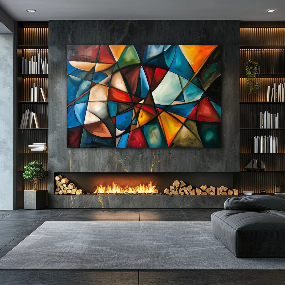 Wall Art titled: Interwoven Divergences in a Horizontal format with: Blue, Orange, and Vivid Colors; Decoration the Fireplace wall