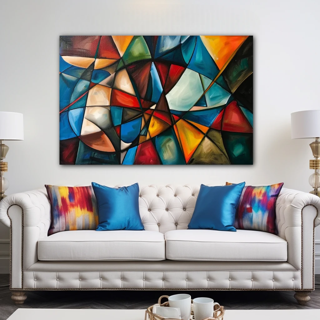 Wall Art titled: Interwoven Divergences in a Horizontal format with: Blue, Orange, and Vivid Colors; Decoration the Above Couch wall