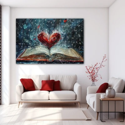 Cuadro tesoros del conocimiento en formato horizontal con colores azul, rojo; decorando pared blanca