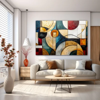 Cuadro ecos cromáticos entrelazados en formato horizontal con colores celeste, dorado, rojo; decorando pared blanca