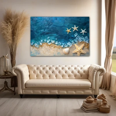 Wall Art titled: Sea Crystals in a  format with: Beige, and Navy Blue Colors; Decoration the Above Couch wall