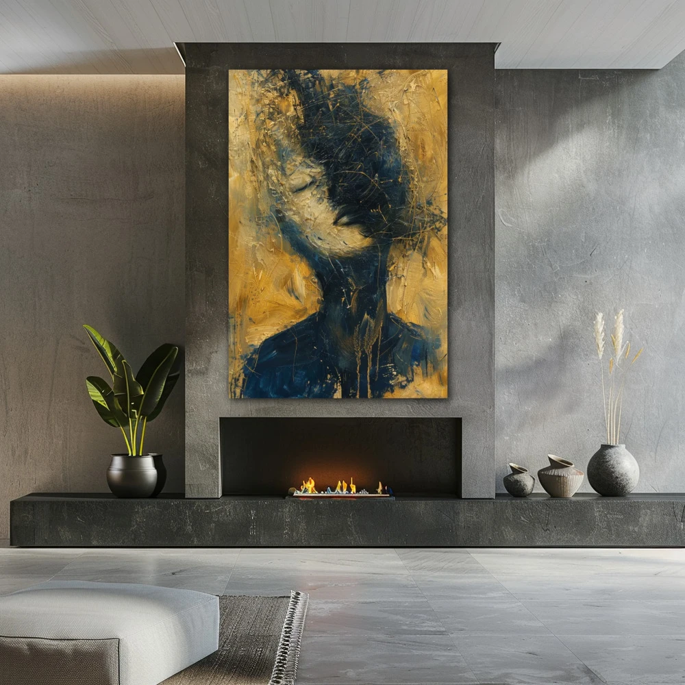 Wall Art titled: Deep Emotional Labyrinth in a Vertical format with: Golden, and Navy Blue Colors; Decoration the Fireplace wall