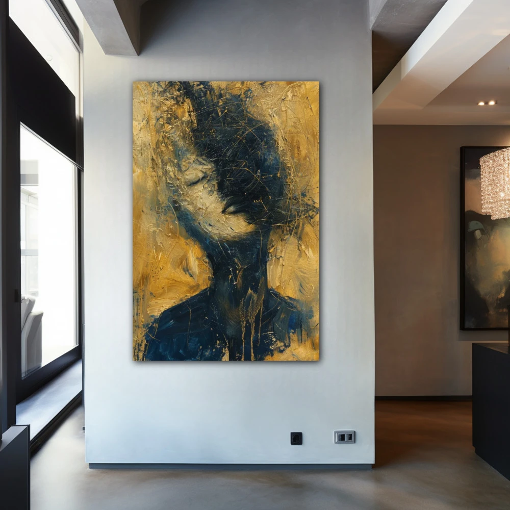 Wall Art titled: Deep Emotional Labyrinth in a Vertical format with: Golden, and Navy Blue Colors; Decoration the Entryway wall