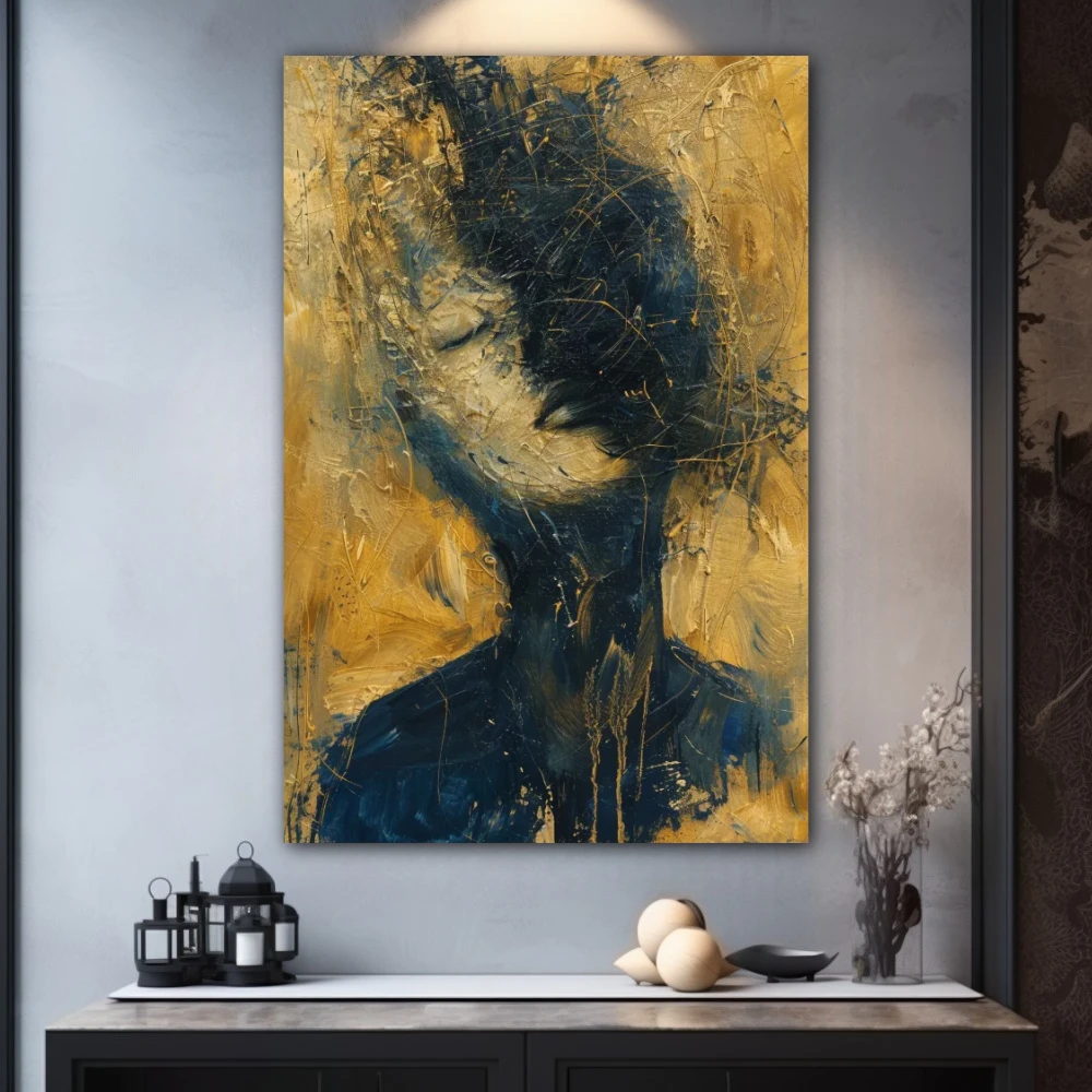 Cuadro laberinto emocional profundo en formato vertical con colores dorado, azul marino; decorando pared gris
