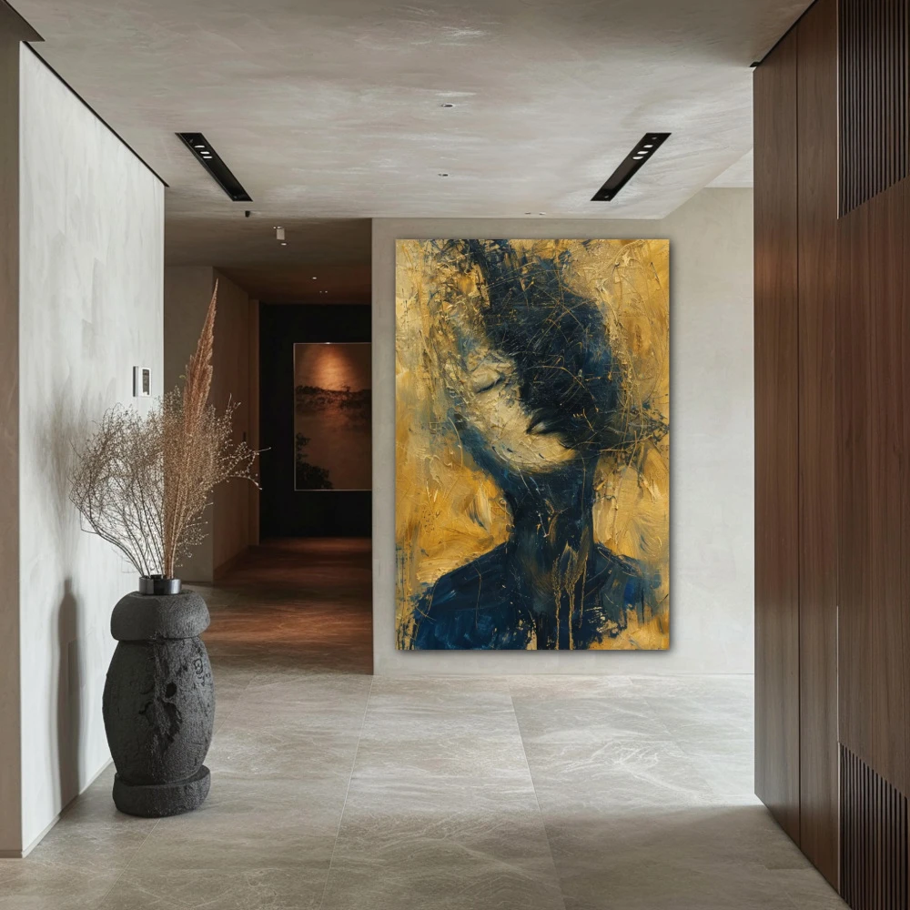 Wall Art titled: Deep Emotional Labyrinth in a Vertical format with: Golden, and Navy Blue Colors; Decoration the Hallway wall