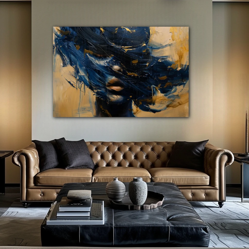 Wall Art titled: Emotional Vortices in a Horizontal format with: Golden, and Navy Blue Colors; Decoration the Above Couch wall