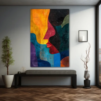 Cuadro siluetas invisibles en formato vertical con colores azul, mostaza, rojo; decorando pared gris