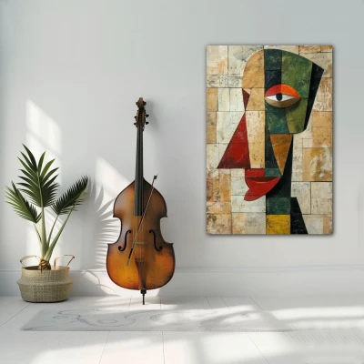 Wall Art titled: Deconstructed Face in a  format with: Brown, Red, and Green Colors; Decoration the White Wall wall