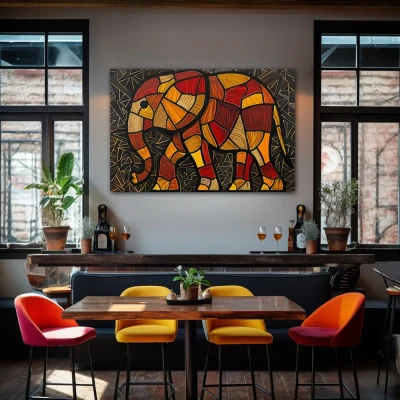 Wall Art titled: Fragments of the Wild Soul in a Horizontal format with: Orange, Black, and Red Colors; Decoration the Bar wall