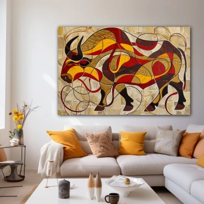 Wall Art titled: Untamed Soul in a Horizontal format with: Yellow, Red, and Beige Colors; Decoration the White Wall wall