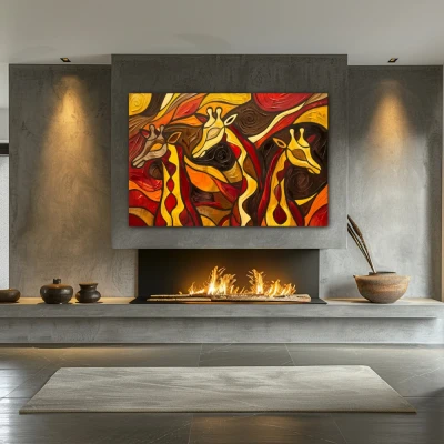 Cuadro colores de África en formato horizontal con colores amarillo, marrón, naranja, rojo; decorando pared de chimenea