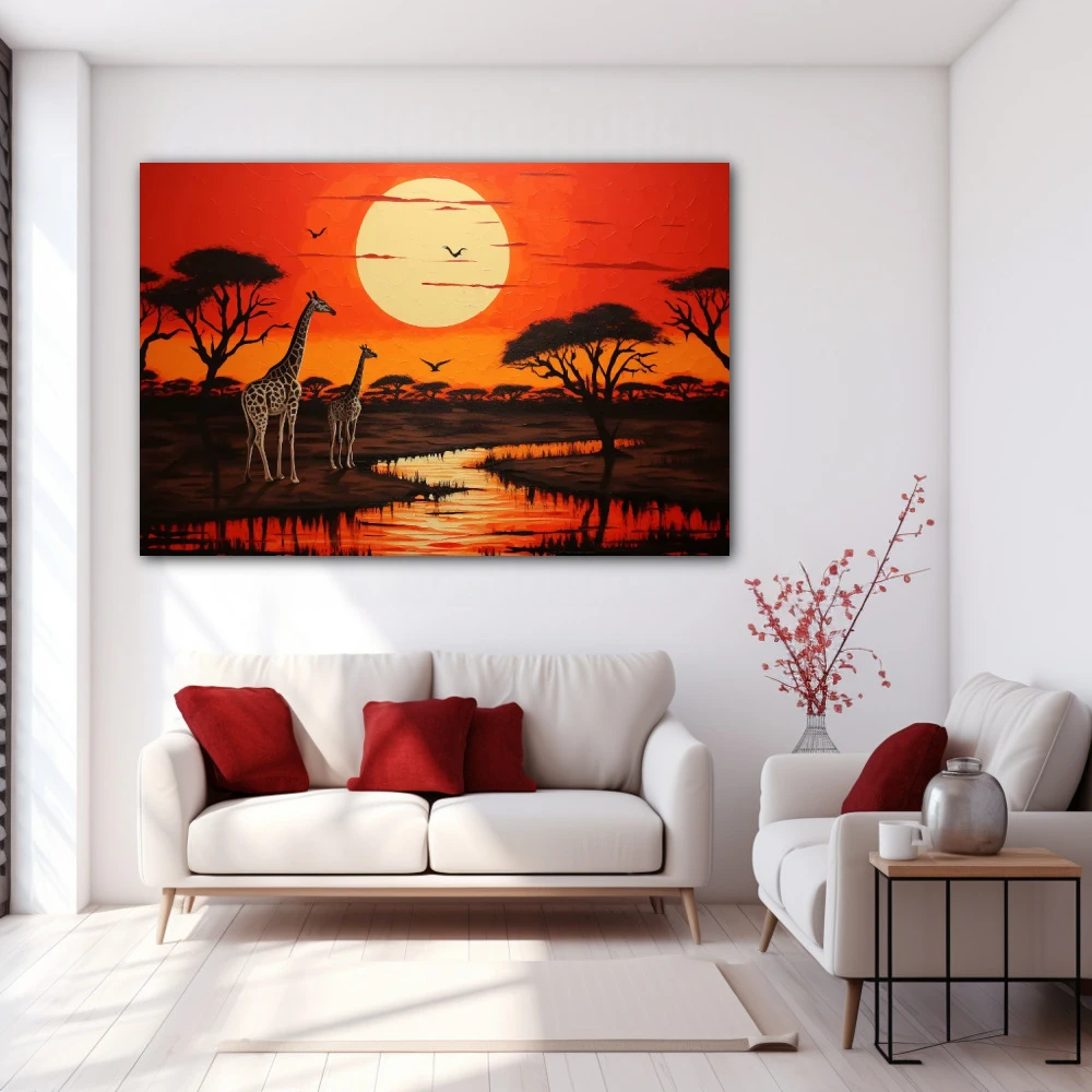 Cuadro retrato de la vida salvaje africana en formato horizontal con colores marrón, naranja, rojo; decorando pared blanca
