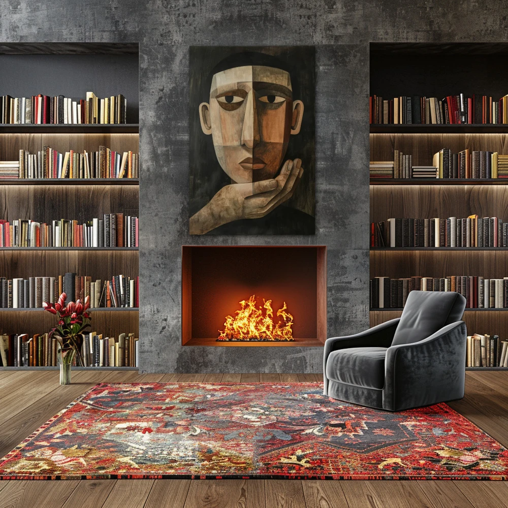 Wall Art titled: Introspective Reflection in a Vertical format with: and Brown Colors; Decoration the Fireplace wall