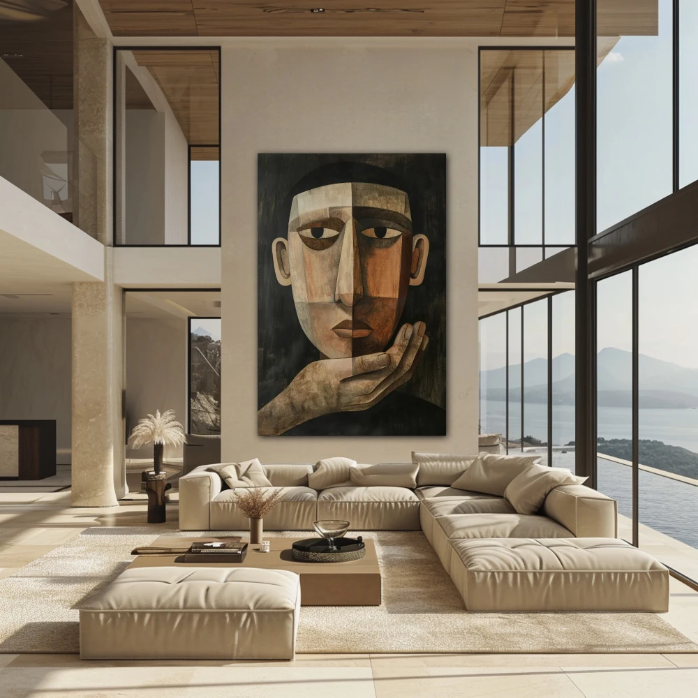 Wall Art titled: Introspective Reflection in a Vertical format with: and Brown Colors; Decoration the Above Couch wall