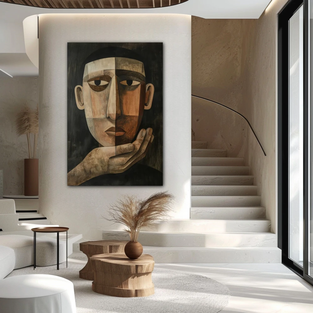 Wall Art titled: Introspective Reflection in a Vertical format with: and Brown Colors; Decoration the Staircase wall