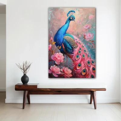 Wall Art titled: Imperial Courtship in a Vertical format with: Blue, Pink, and Pastel Colors; Decoration the White Wall wall