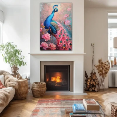 Wall Art titled: Imperial Courtship in a Vertical format with: Blue, Pink, and Pastel Colors; Decoration the Fireplace wall