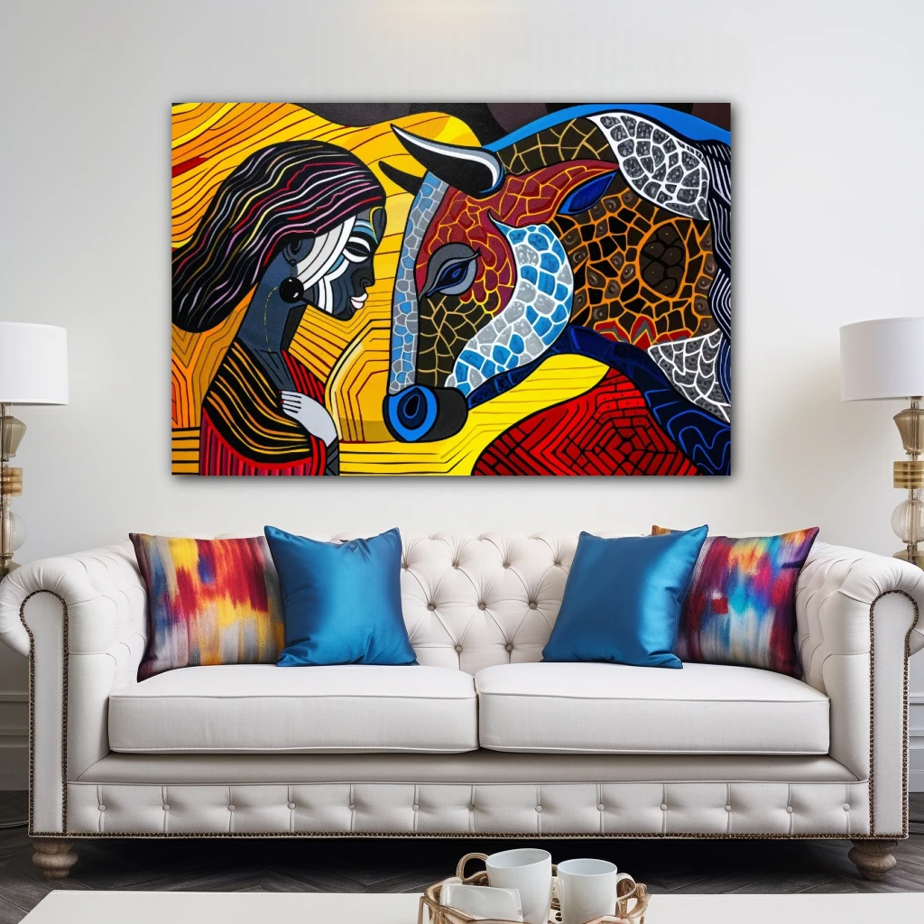 Wall Art titled: Reflections of the Spirit in a Horizontal format with: Yellow, Blue, and Red Colors; Decoration the Above Couch wall