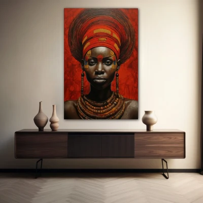 Wall Art titled: Zahara Toure in a  format with: Brown, Mustard, and Red Colors; Decoration the Sideboard wall