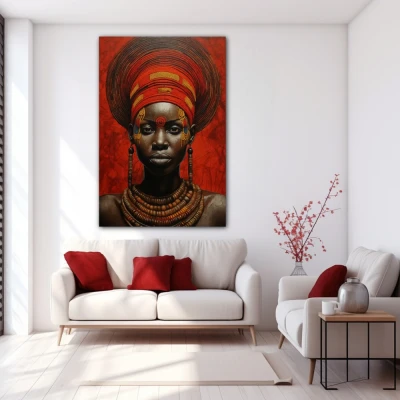 Wall Art titled: Zahara Toure in a  format with: Brown, Mustard, and Red Colors; Decoration the White Wall wall