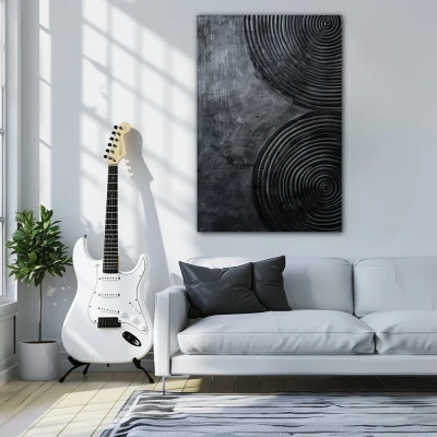 Wall Art titled: Spiral of Silence in a Vertical format with: Black, and Monochromatic Colors; Decoration the Above Couch wall