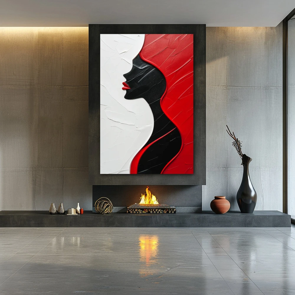 Cuadro perfil de pasiones en formato vertical con colores blanco, negro, rojo; decorando pared de chimenea
