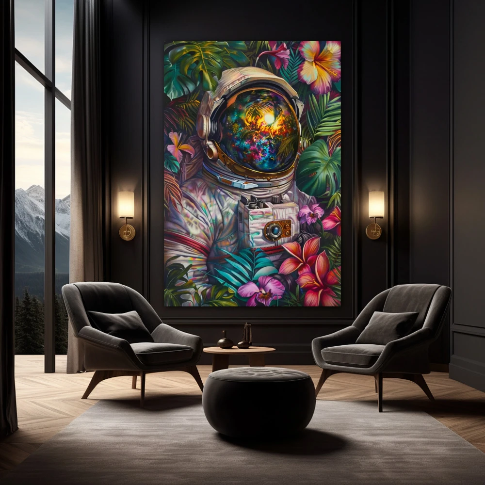 Wall Art titled: Searching for Life on Earth in a Vertical format with: Green, Violet, and Vivid Colors; Decoration the Black Walls wall