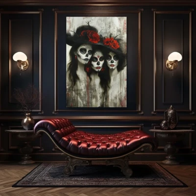 Wall Art titled: Trinity of Kindred Hearts in a Vertical format with: Grey, Black, and Red Colors; Decoration the Above Couch wall