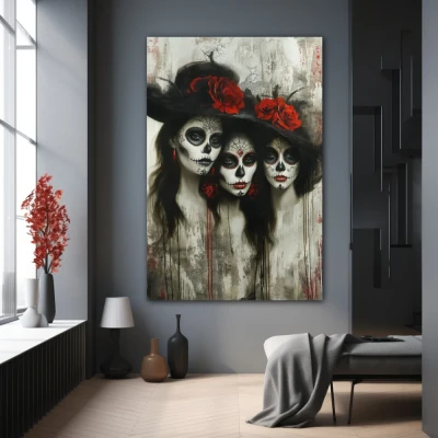 Wall Art titled: Trinity of Kindred Hearts in a Vertical format with: Grey, Black, and Red Colors; Decoration the Grey Walls wall