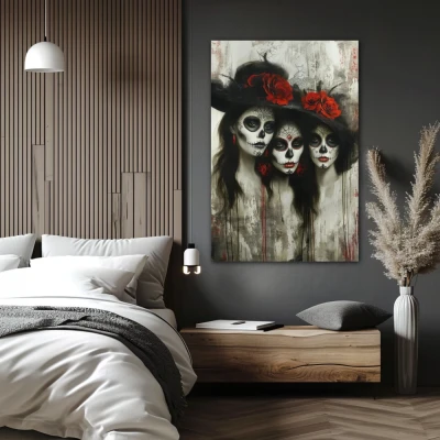 Wall Art titled: Trinity of Kindred Hearts in a Vertical format with: Grey, Black, and Red Colors; Decoration the Bedroom wall